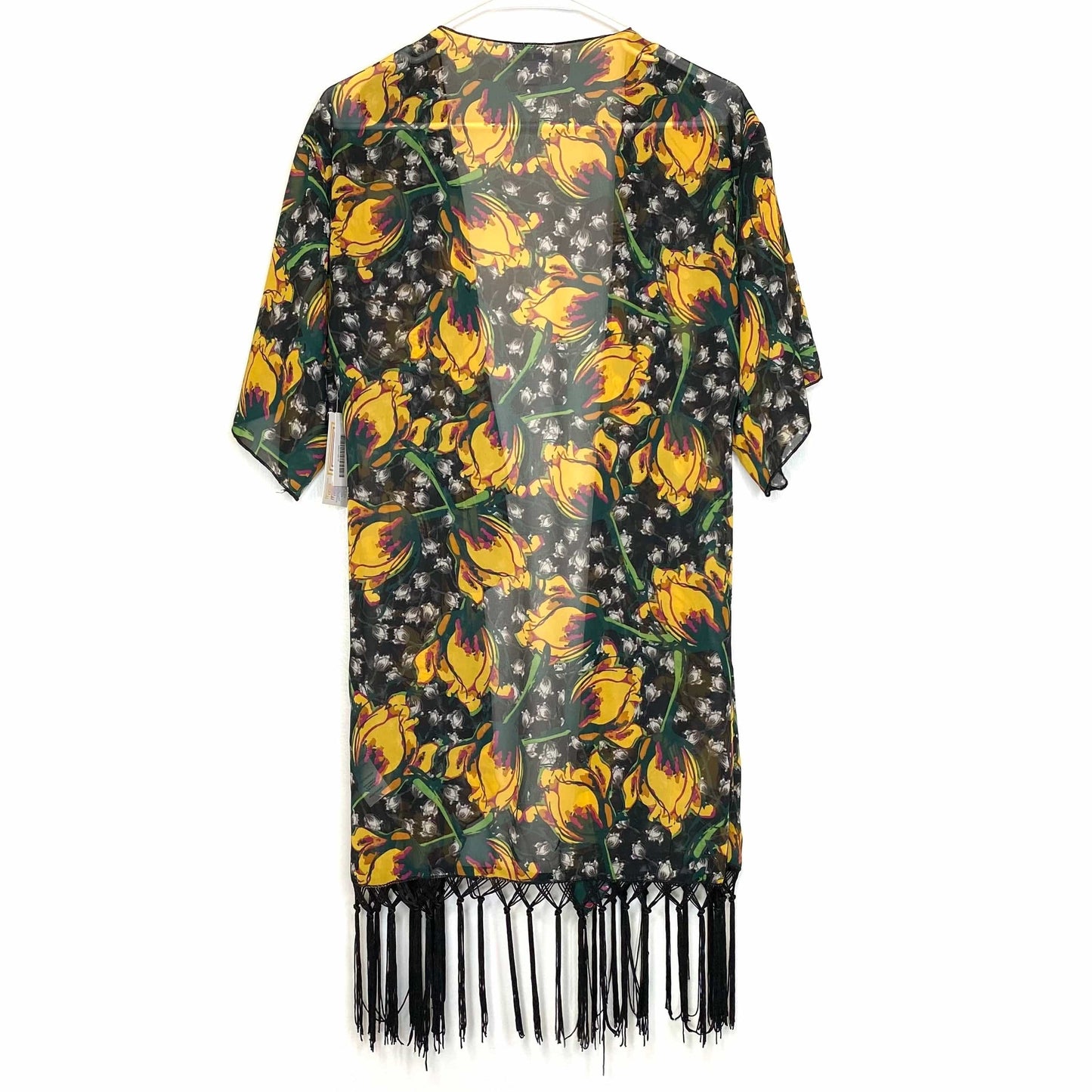 LuLaRoe Womens Size S (0-12) Yellow/Black Floral ‘Monroe’ Kimono Fringe Cover-Up NWT