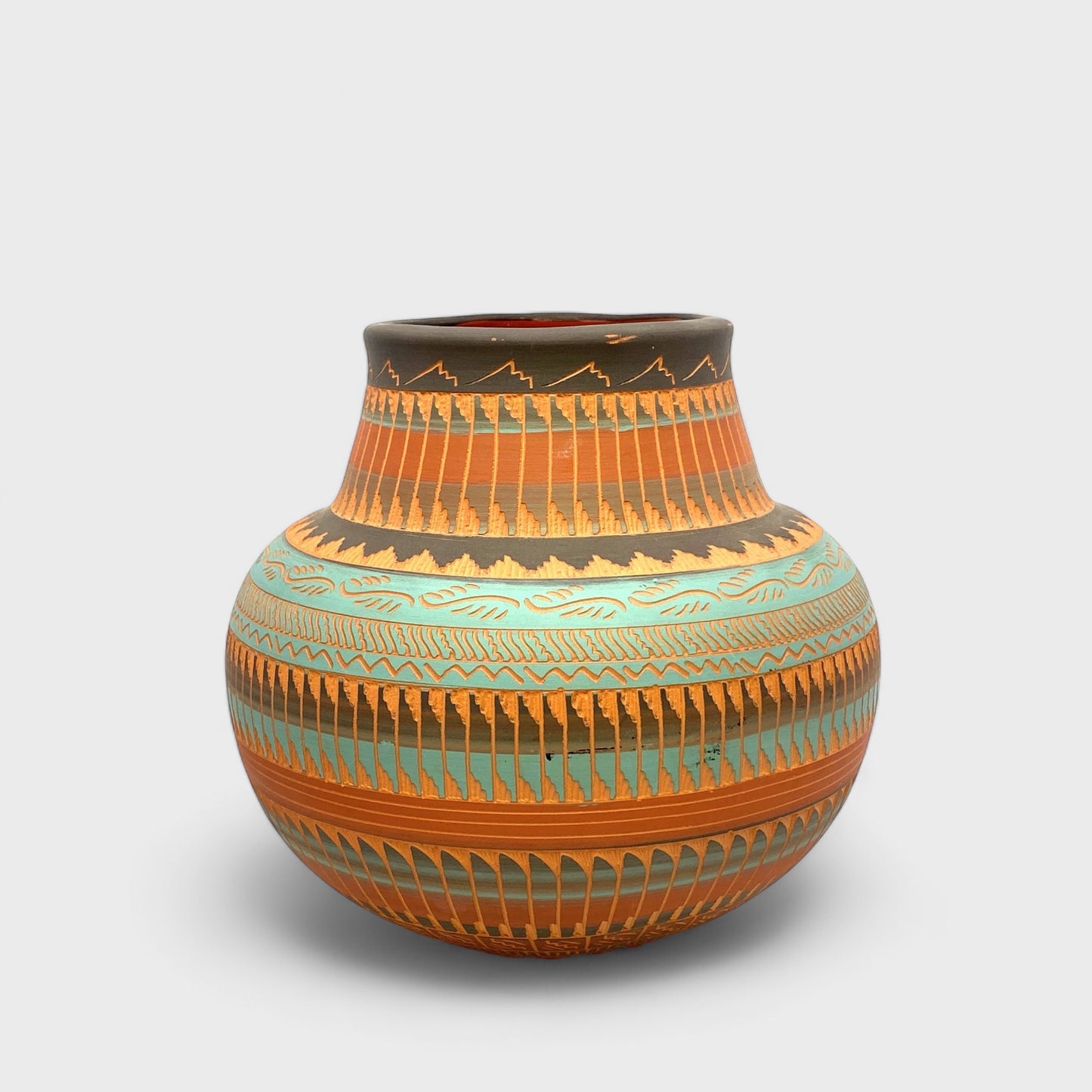 Navajo Pottery Vase  | Hand-Etched & Painted Anna Tsosie Signed | Turquoise and Terracotta Tones | 7” | Vintage EUC