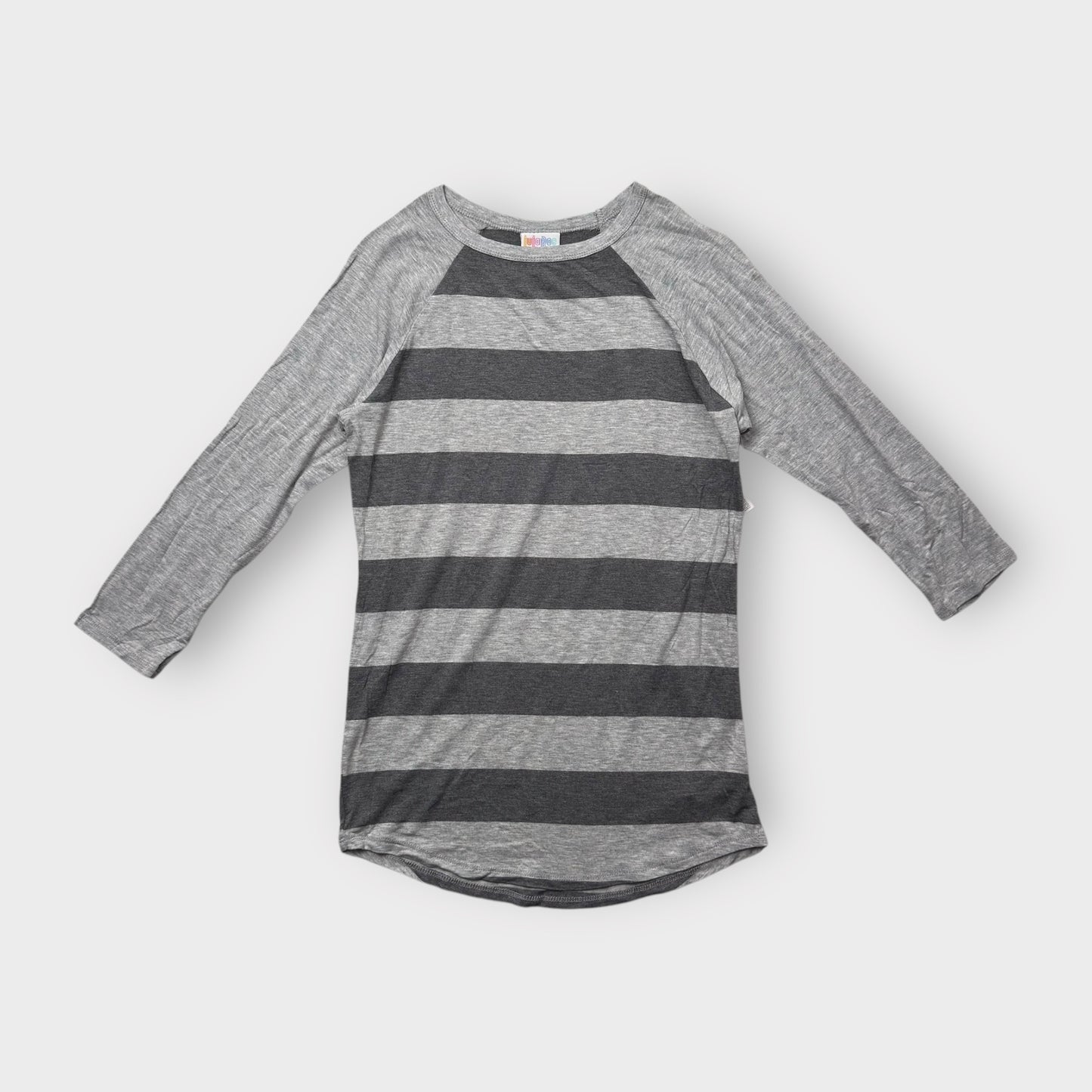 LuLaRoe Randy Tee XXS (00) - Gray and Black Striped Raglan - Soft Stretch Rayon Spandex Blend