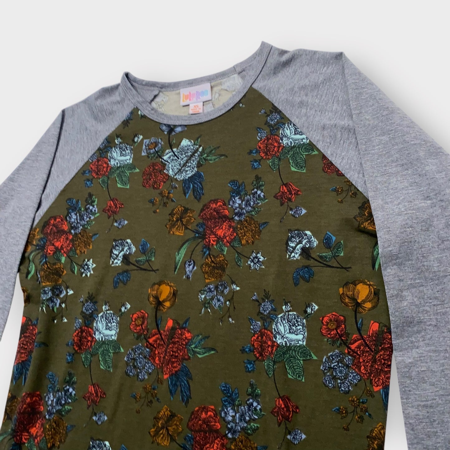 LuLaRoe Randy Baseball Tee XS (0-2) - Olive Green and Red Floral Print - Soft Stretch Fabric