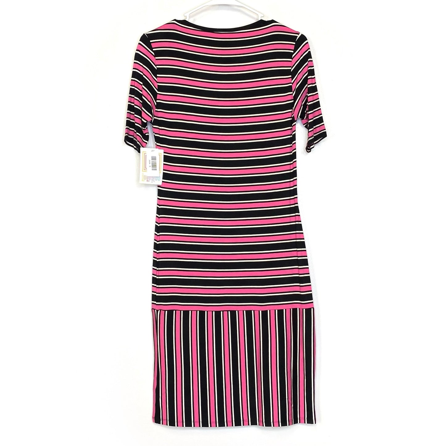 LuLaRoe Womens S Pink/Black/White Striped Julia Shift Dress Scoop Neck ½ Sleeves NWT