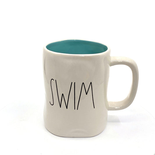 Rae Dunn Artisan Collection ‘SWIM’ Large Letter White/Blue Coffee Cup Mug By Magenta