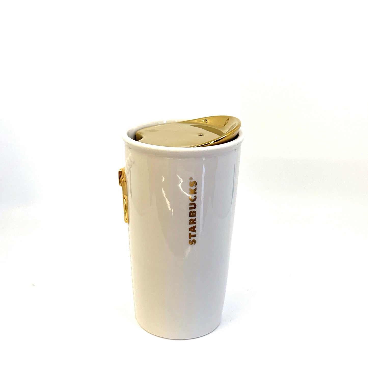 Starbucks | 2015 Ceramic Zipper Mug w/Lid | Color: White/Gold | Size: 12 fl oz | NWT