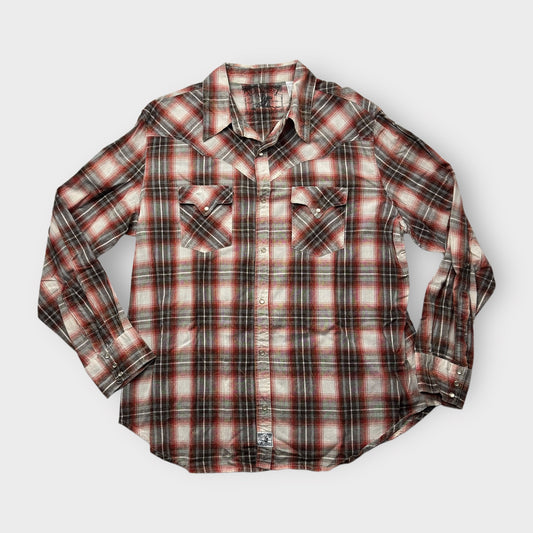 Ely 1878 Men's Red Plaid Western Snap-Up Long Sleeve Shirt - Size L - Pre-Owned