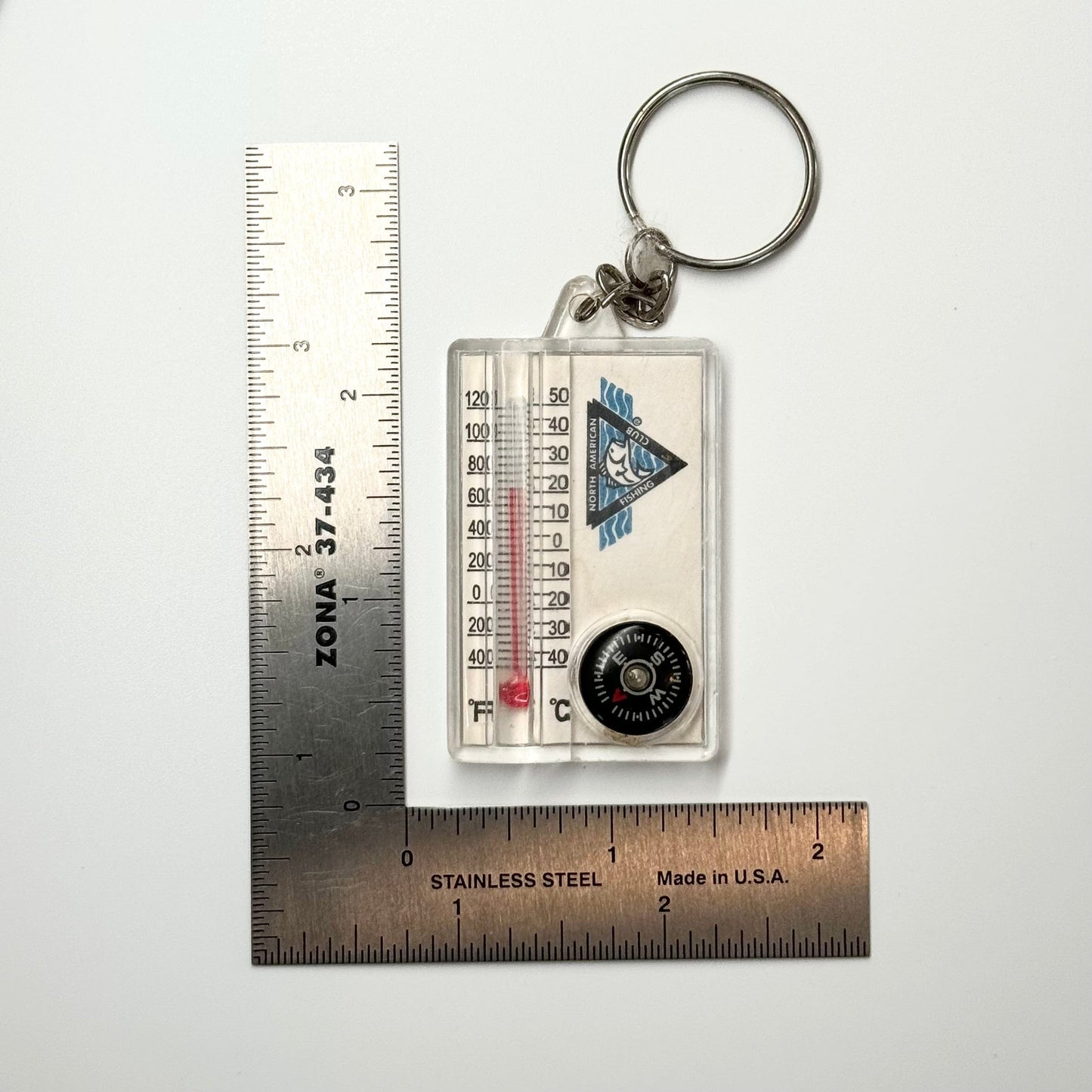 Vintage ‘North American Fishing Club’ Keychain w/Compass Key Ring Rectangle Clear Acrylic