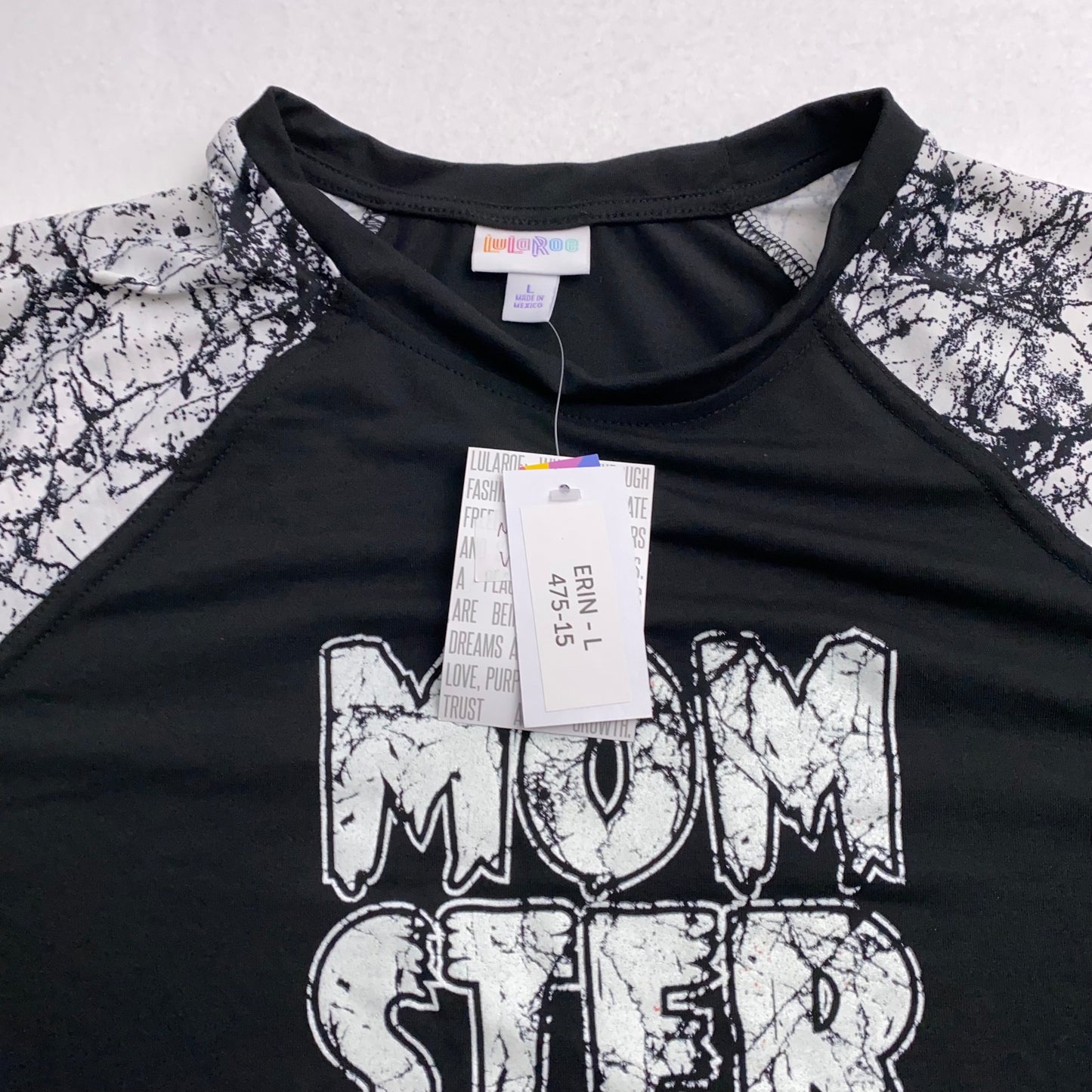 LuLaRoe Erin Womens Raglan Tunic | L (12-14) | Black/White with “Momster” Glow-in-the-Dark Graphic | NWT