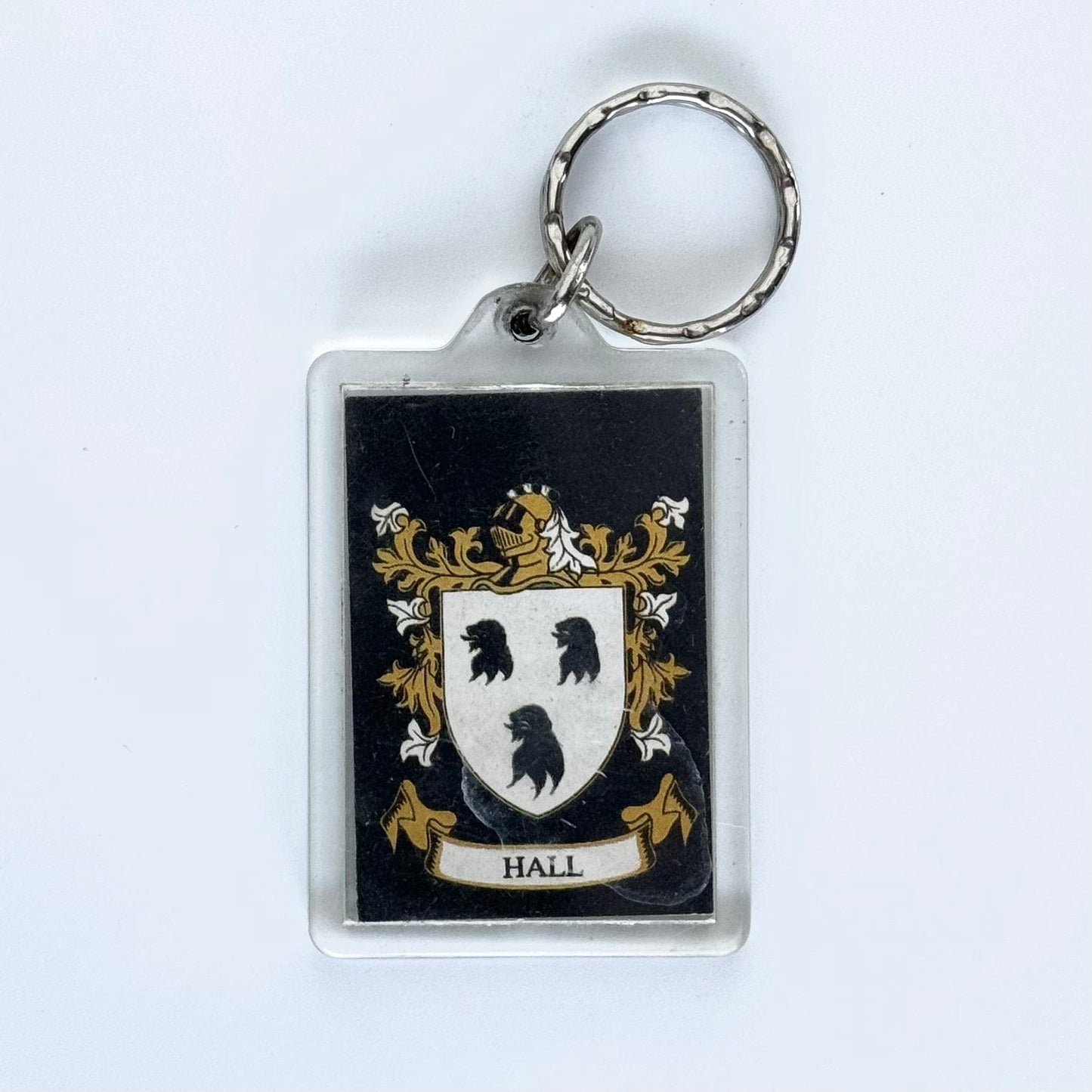 ‘Hall Family Crest’ Key Ring Rectangle Clear Acrylic, Good Condition