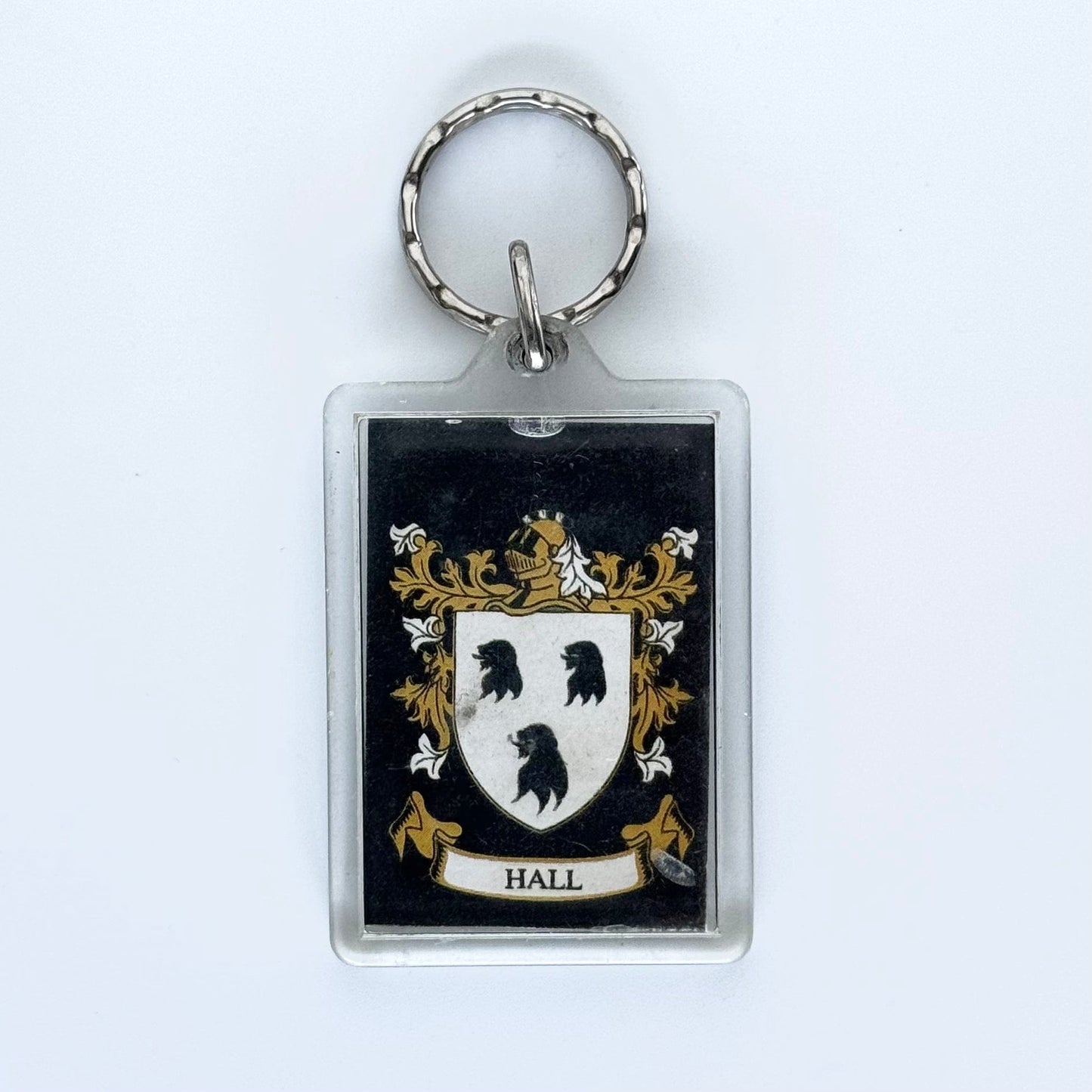 ‘Hall Family Crest’ Key Ring Rectangle Clear Acrylic, Good Condition