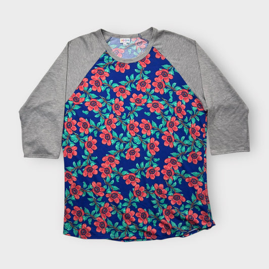 LuLaRoe Randy Baseball Tee 3XL (24-26) - Navy Blue with Coral Floral Print & Heather Gray Sleeves - Soft Stretch Fabric