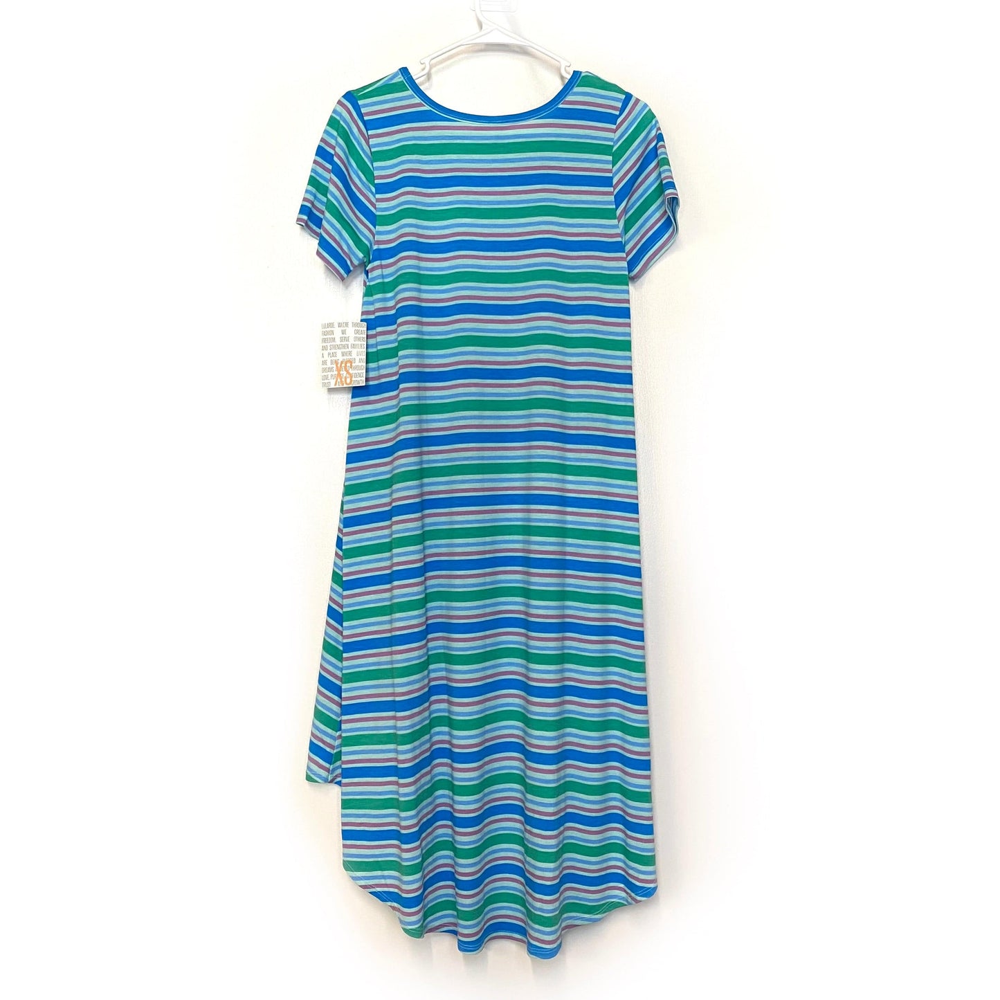 LuLaRoe Womens XS Purple/Blue/Green Regent Stripes 'Carly' S/s Swing Dress NWT