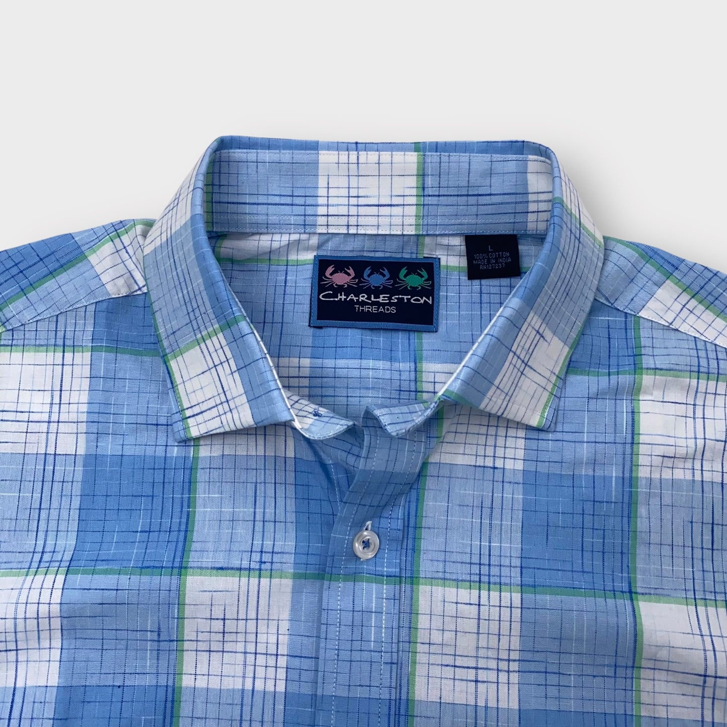 Charleston Threads Men's Blue & White Plaid Long Sleeve Button-Up Shirt - Size L - Pre-Owned