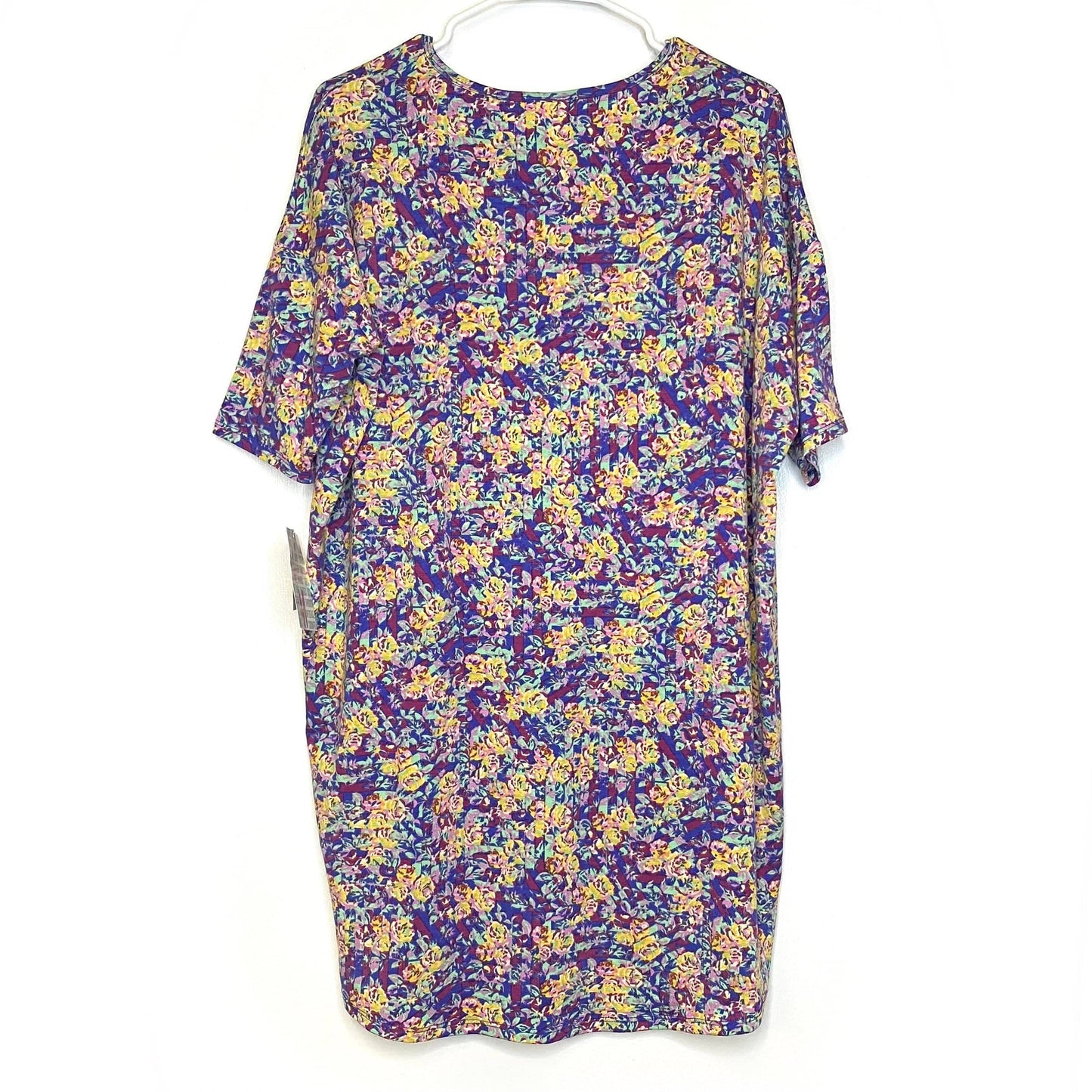 LuLaRoe Womens M Irma Purple/Blue/Yellow Floral Pattern S/s Tunic Top NWT