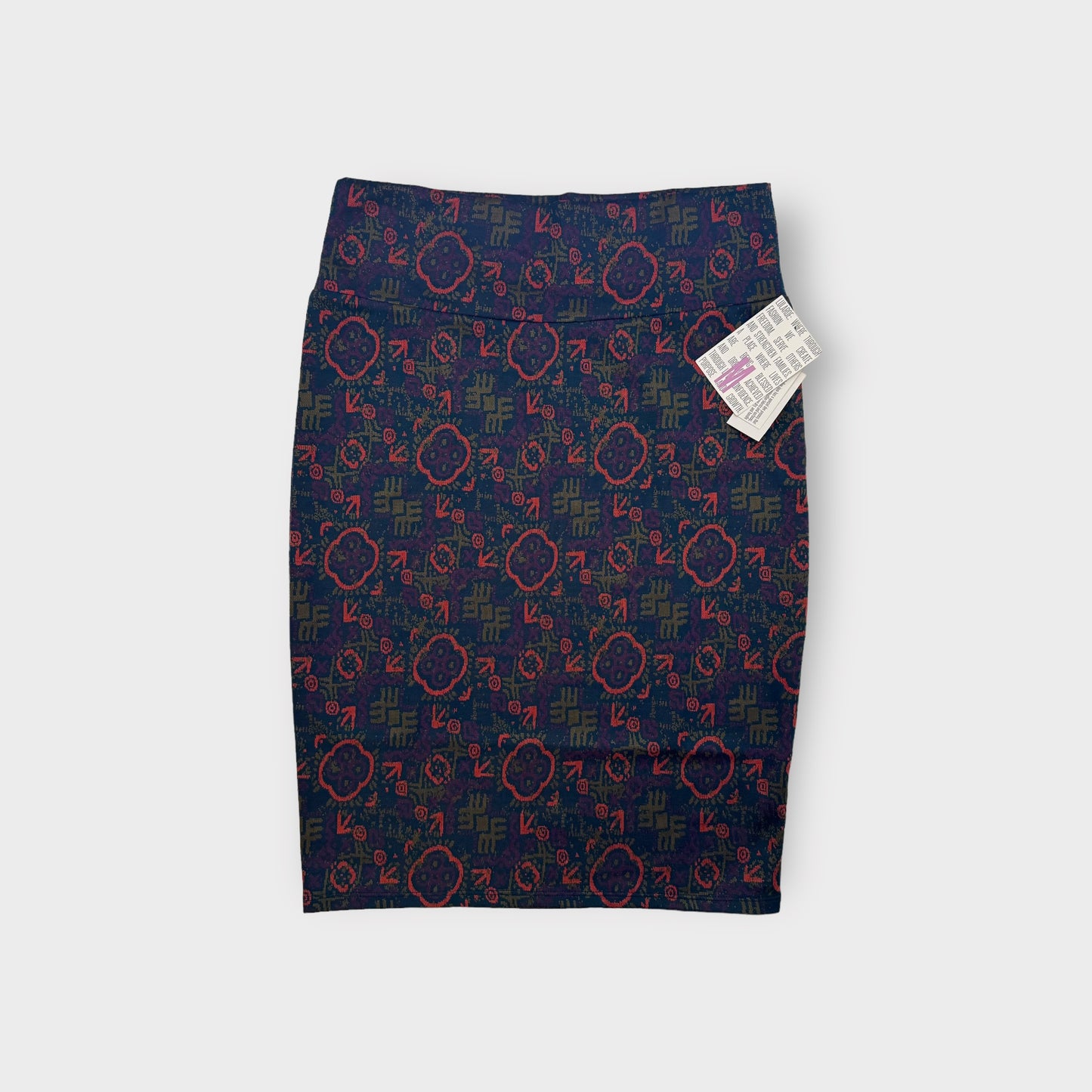 LuLaRoe Cassie Pencil Skirt | M (8-12) | Blue/Red | Abstract Glyphs | NWT