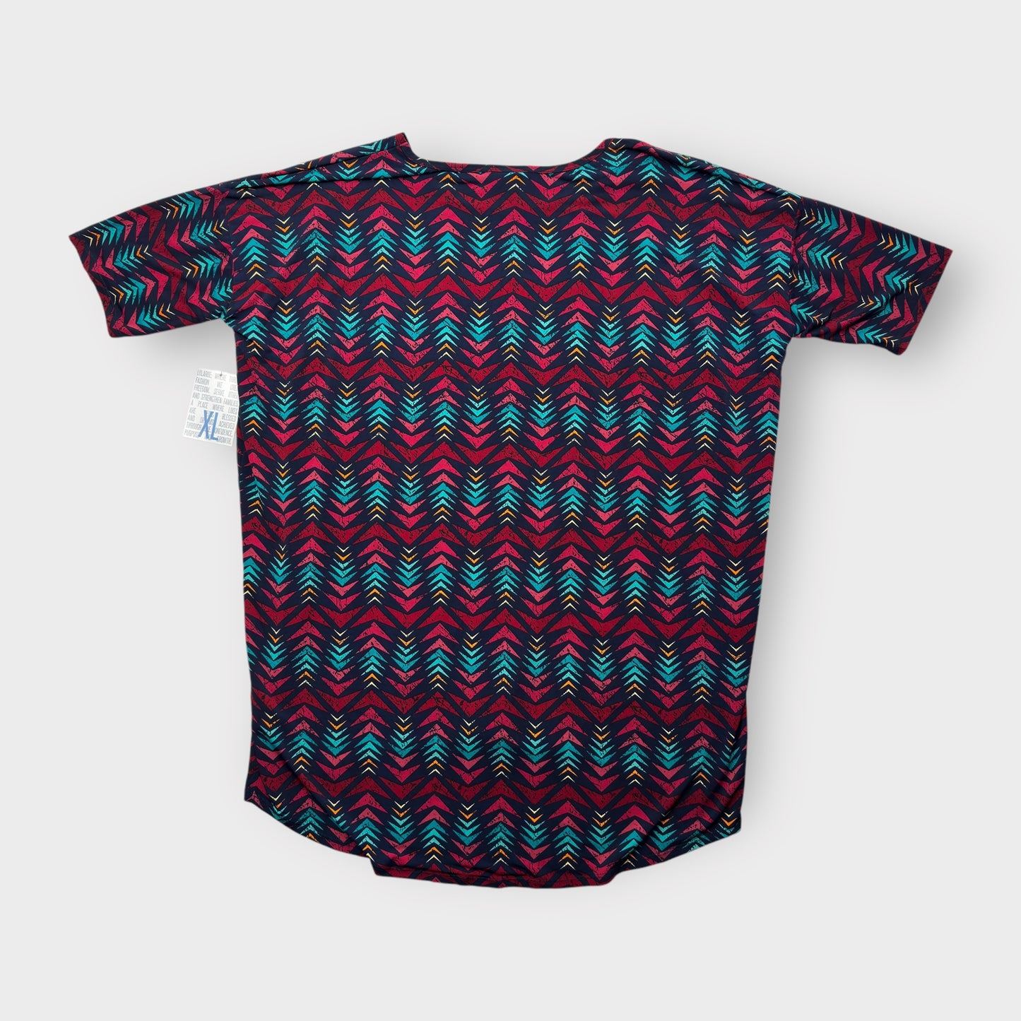 LuLaRoe Irma Tunic Top - Navy Blue with Red, Teal & Yellow Chevron Print - XL (16-18) - Soft Stretch Polyester Spandex - High-Low Hem