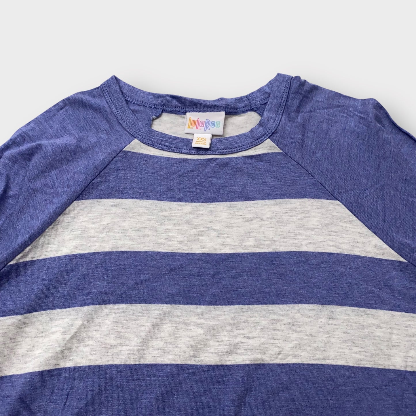 LuLaRoe Randy Tee XXS (00) - Blue and Gray Striped Raglan - Soft Stretch Rayon Spandex