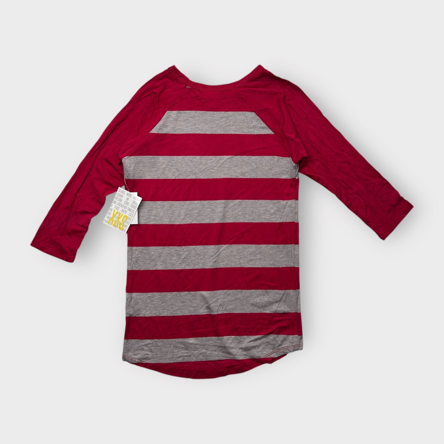 LuLaRoe Randy Tee XS (0-2) - Burgundy and Gray Striped Raglan - Soft Stretch Rayon Spandex Blend