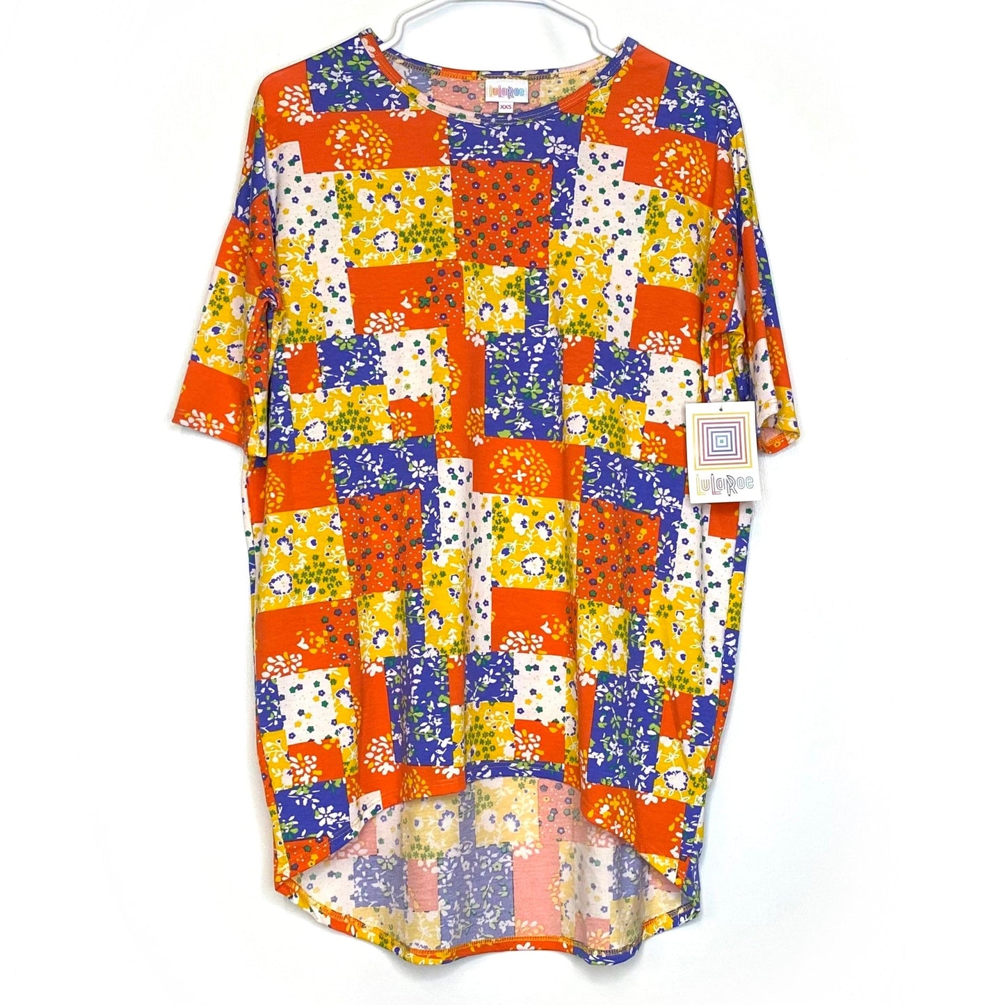 LuLaRoe Womens XXS Irma Orange/Yellow/Blue Ditsy Floral Patchwork S/s Tunic Top NWT