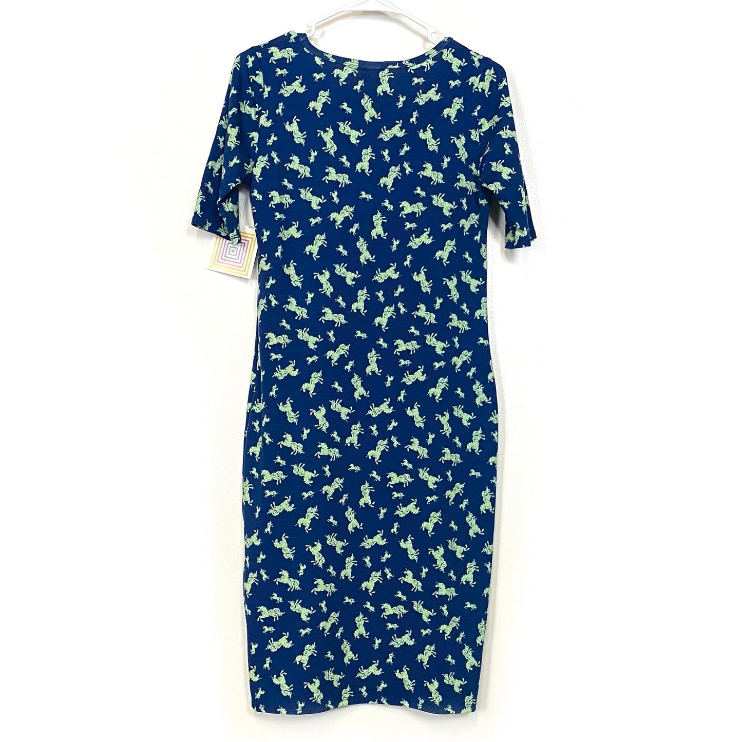 LuLaRoe Julia Bodycon Dress | S (4-6) | Blue/Green | Unicorns | NWT