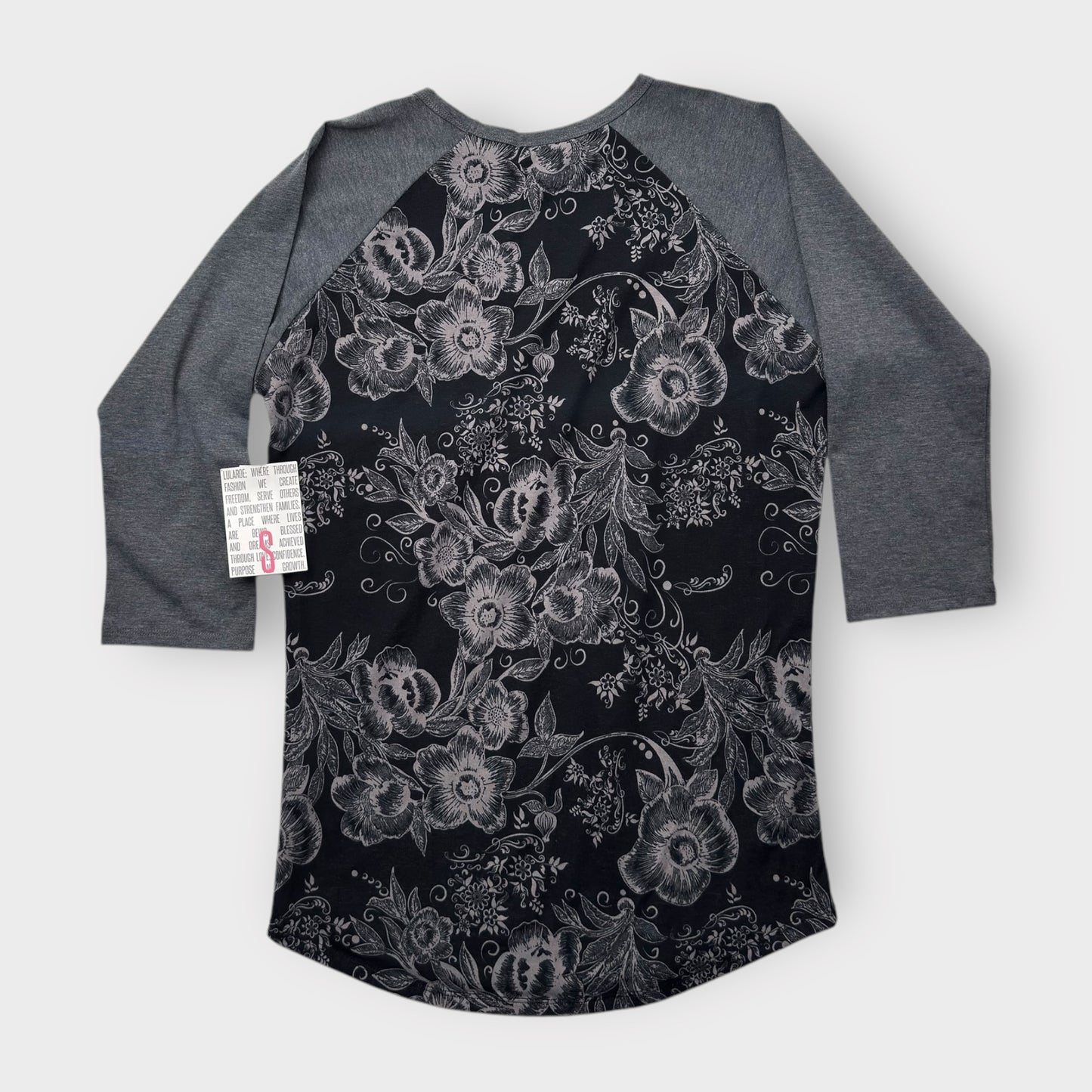 LuLaRoe Randy Tee S (4-6) - Black and Gray Floral Print with Heather Gray Raglan Sleeves - Soft Stretch Fabric