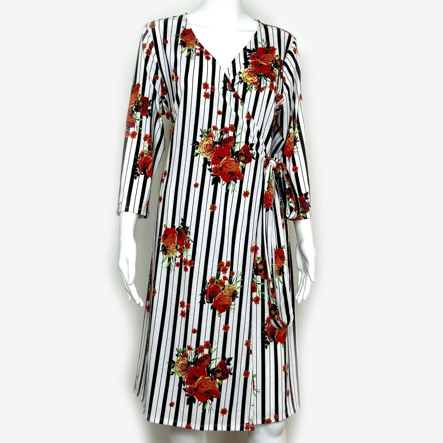 LuLaRoe Vault | Michelle Wrap Dress | Size: L | Color: Black/White/Red | Floral/Striped | NWT