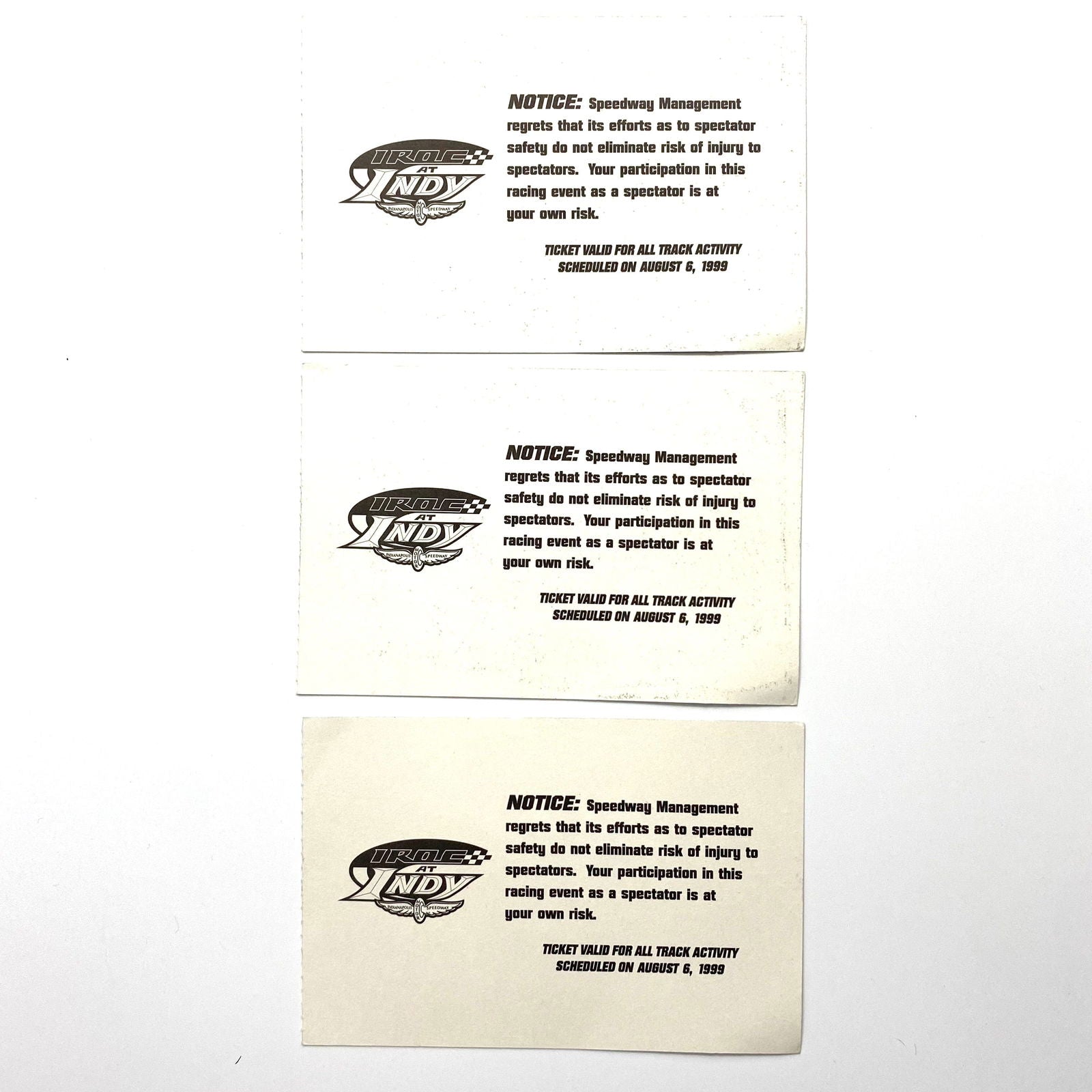 1999 IROC at INDY Indianapolis Motor Speedway Ticket Stubs, Set of -  | Buy at Parsimony Shoppes