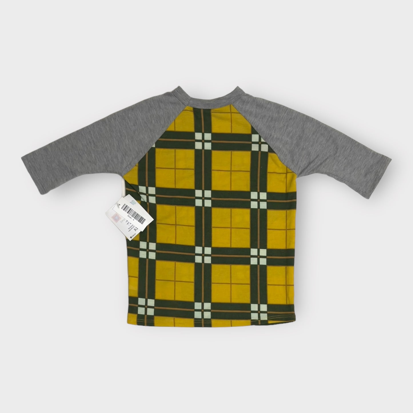 Kids | LuLaRoe Sloan Top | 4 (3-4) | Gray/Yellow Plaid | 3/4 Raglan Sleeves | NWT