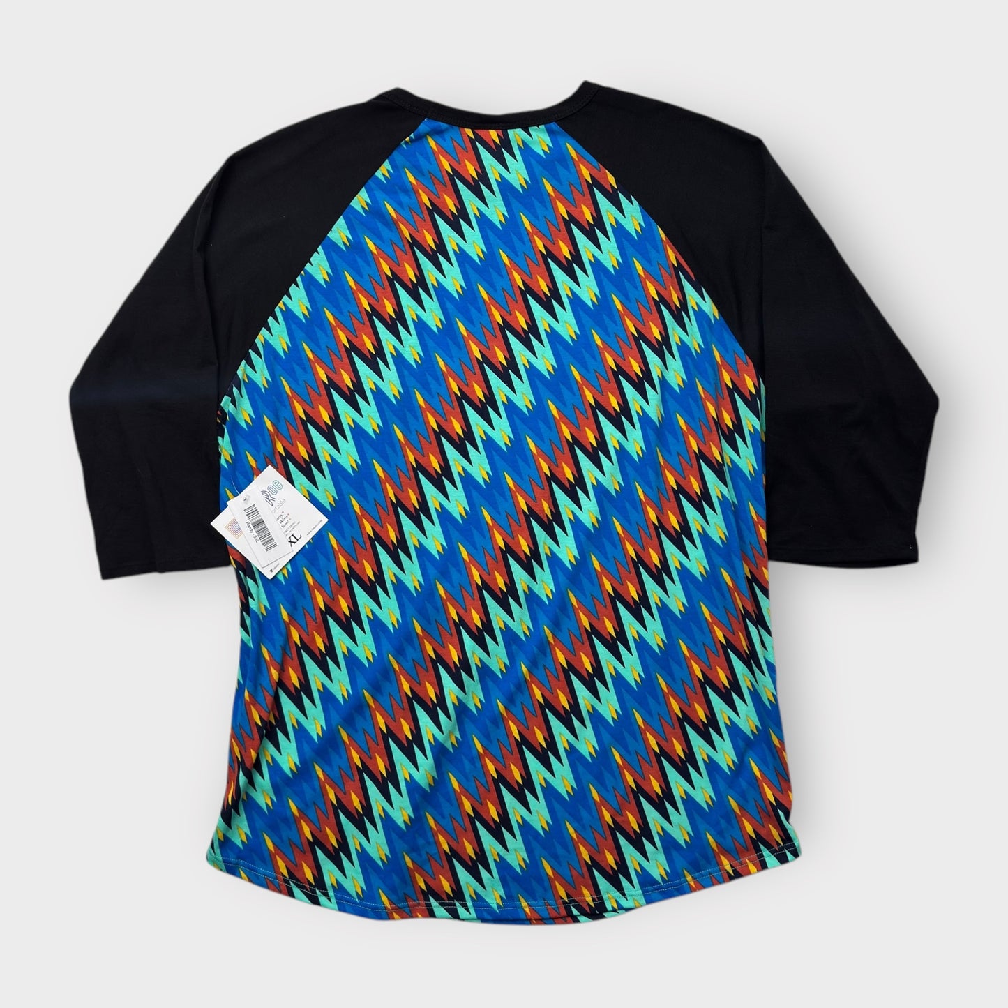 LuLaRoe Randy Baseball Tee 3XL - Blue/Red/Aqua Zigzag Print with Black Sleeves - Soft Stretch Fabric