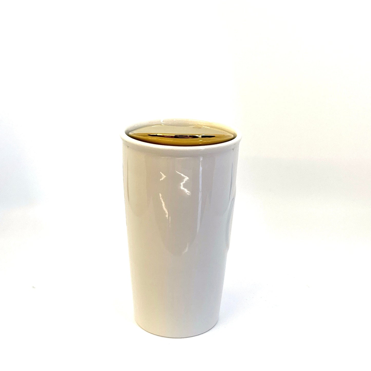 Starbucks | 2015 Ceramic Zipper Mug w/Lid | Color: White/Gold | Size: 12 fl oz | NWT