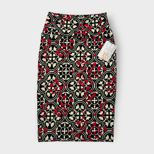 LuLaRoe Cassie Pencil Skirt - Red/Black/White Ornate Tiles - Women's XS (0-2) - NWT