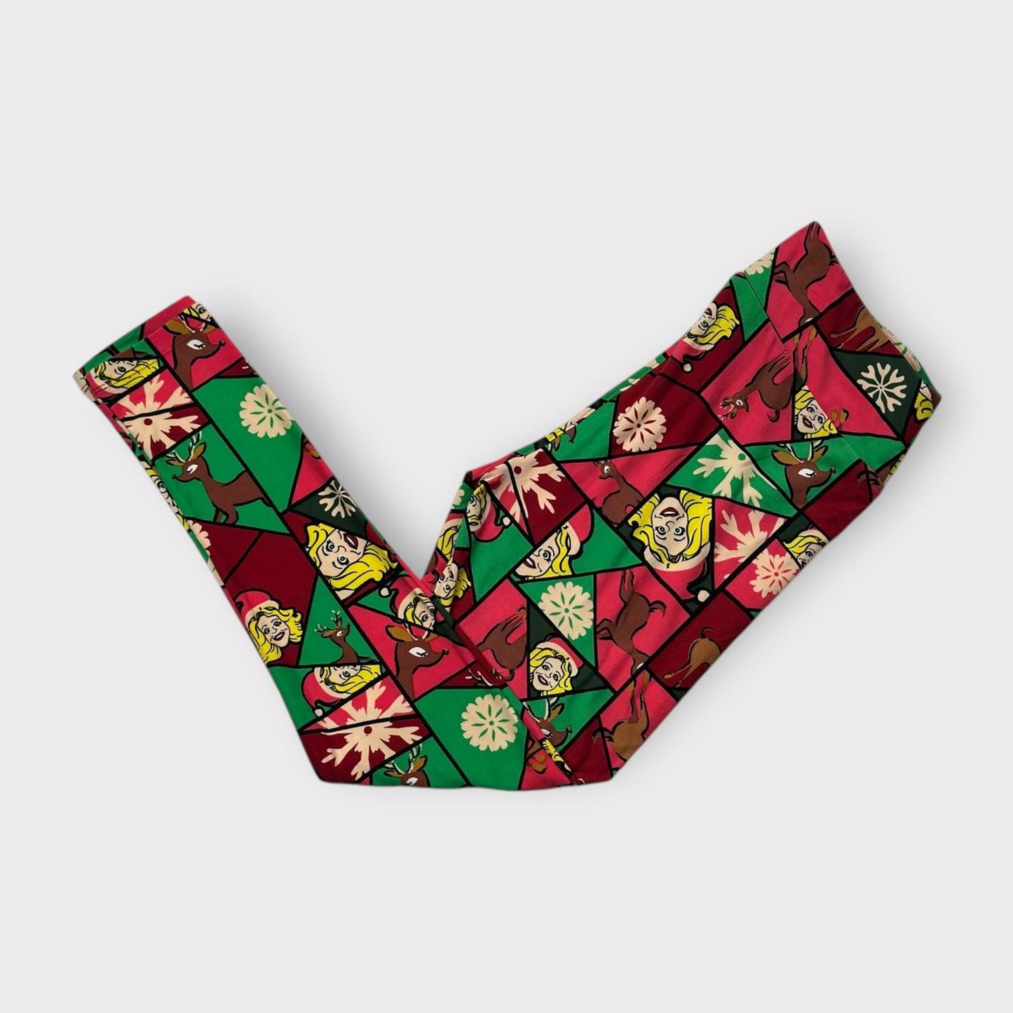 LuLaRoe Leggings TC (12-18) - Red, Green & Beige Santa Reindeer Patchwork Print - Ultra Soft Stretch Fabric