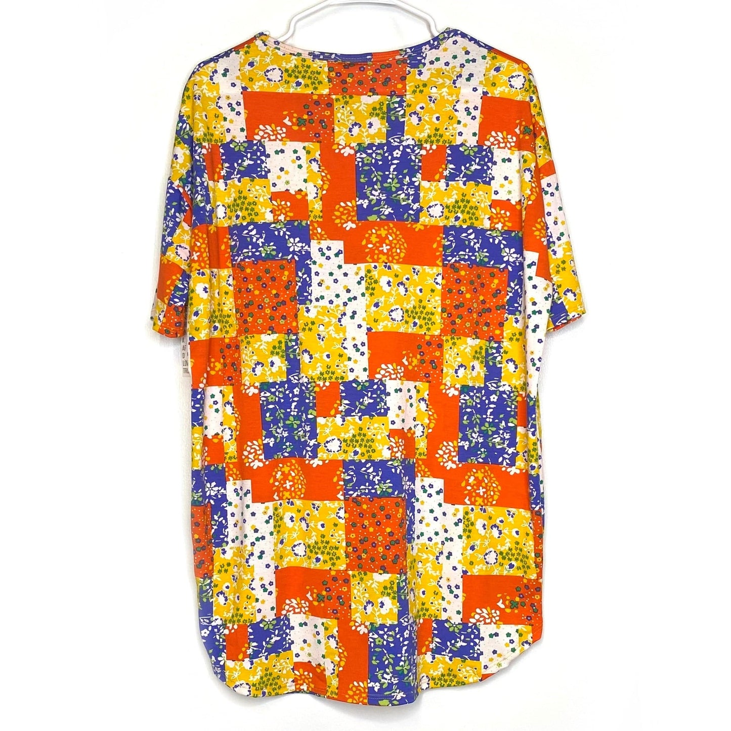 LuLaRoe Womens XXS Irma Orange/Yellow/Blue Ditsy Floral Patchwork S/s Tunic Top NWT