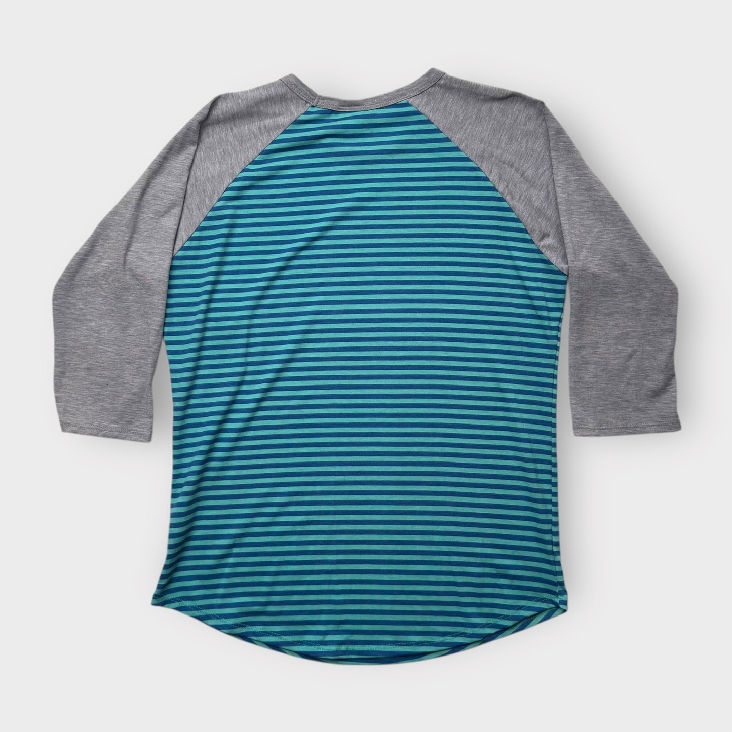 LuLaRoe Randy Baseball Tee L (12-14) - Teal/Navy Striped with Heather Gray Sleeves - Soft Stretch Fabric