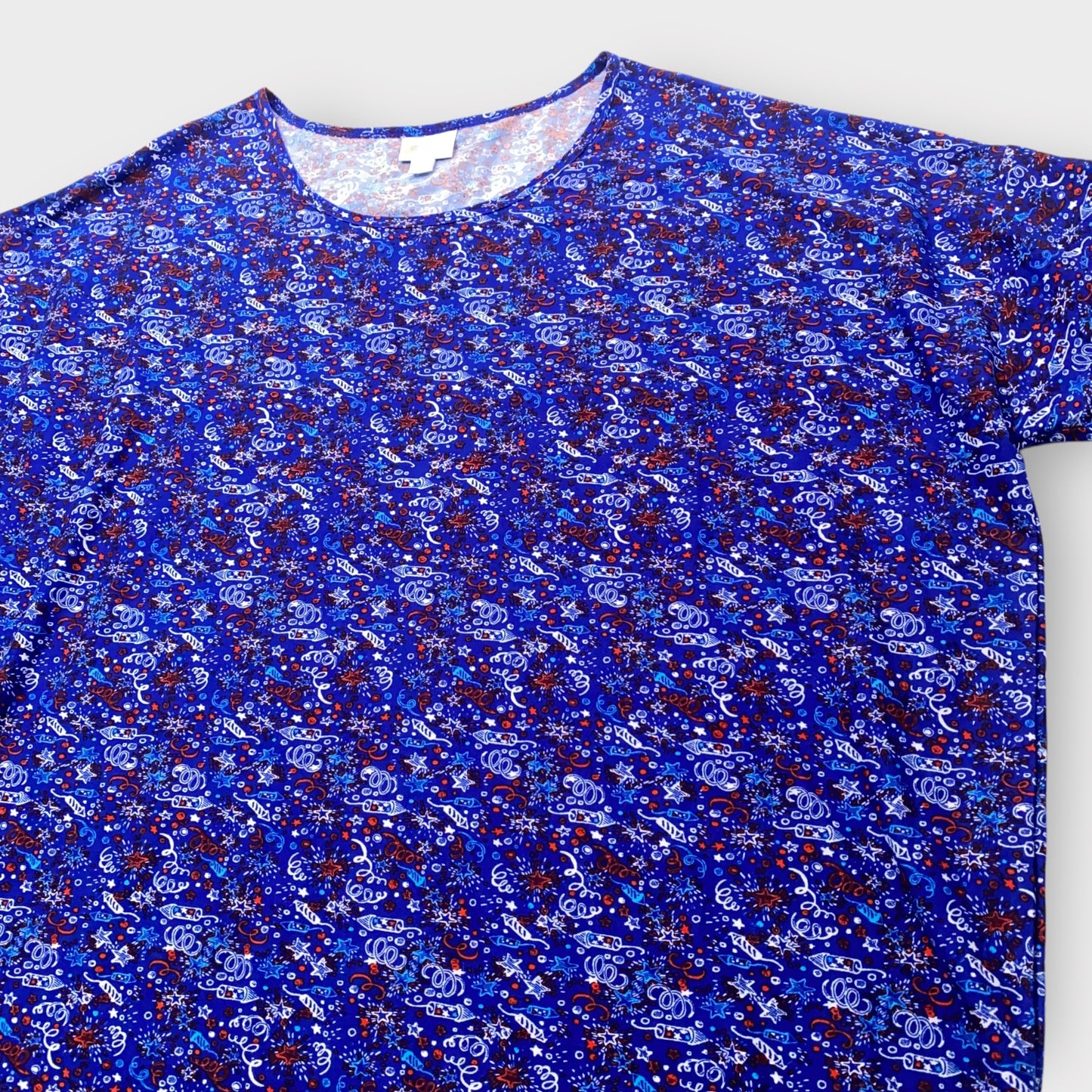 LuLaRoe Irma Tunic Top - Royal Blue with Red & White Fireworks Print - 2XL (20-22) - Soft Stretch Polyester Spandex - High-Low Hem