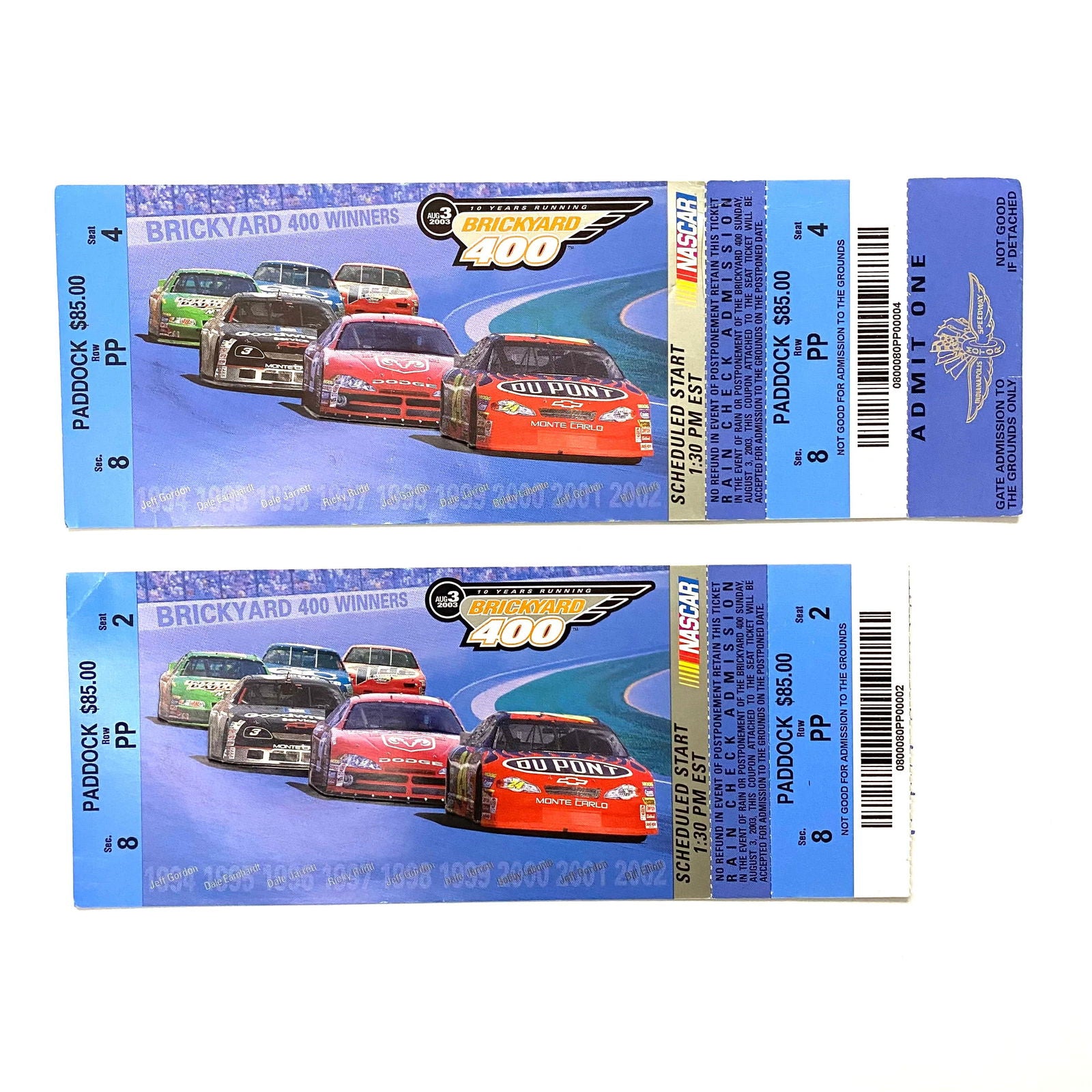 2003 Brickyard 400 Indianapolis Motor Speedway Ticket Stubs, Pair of -  | Buy at Parsimony Shoppes
