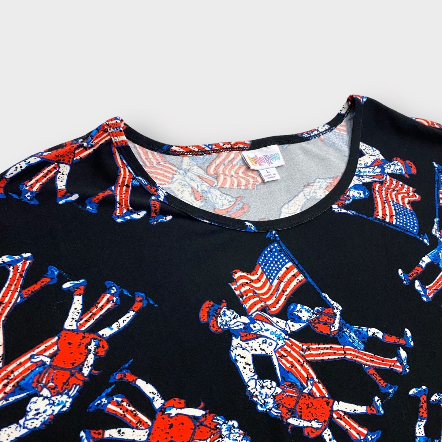 LuLaRoe Irma Tunic | L (14-16) | Black/Multicolor Uncle Sam | High-Low S/s | NWT