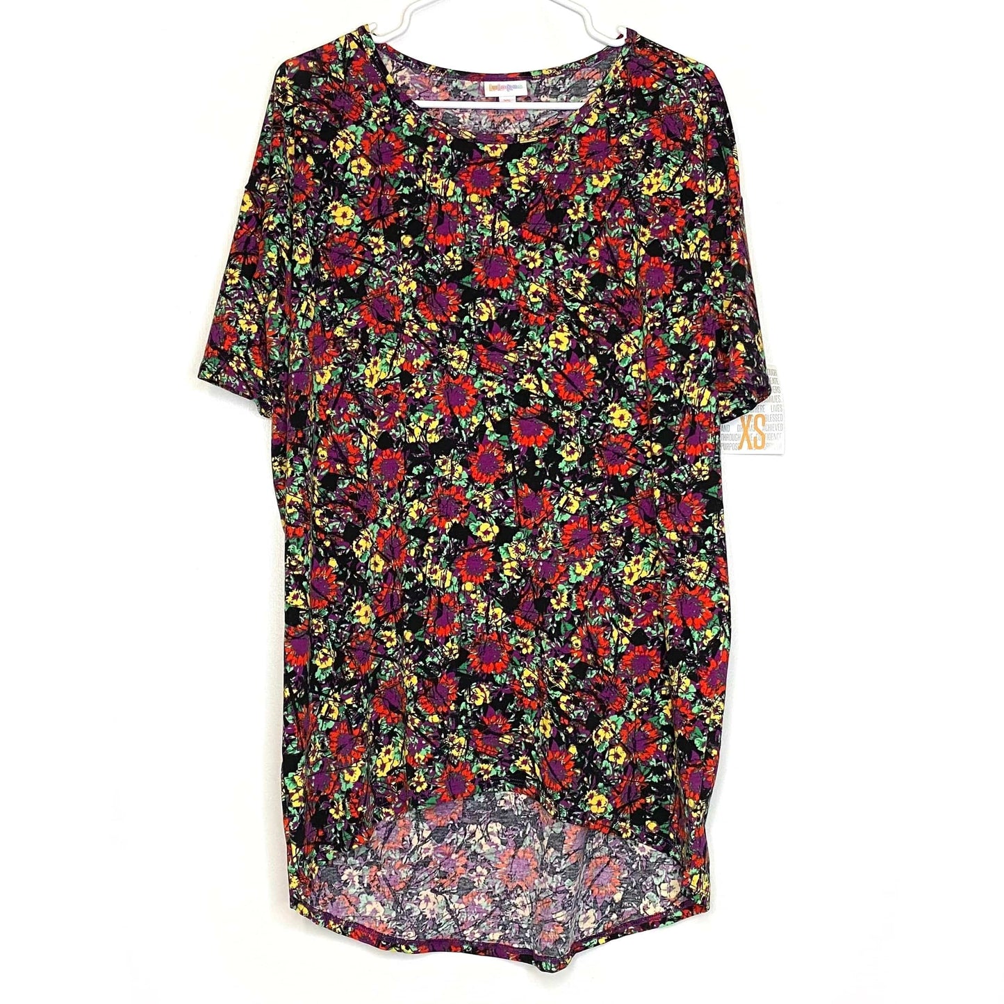 LuLaRoe Womens XS Irma Multicolor/Black Sunflowers S/s Tunic Top NWT