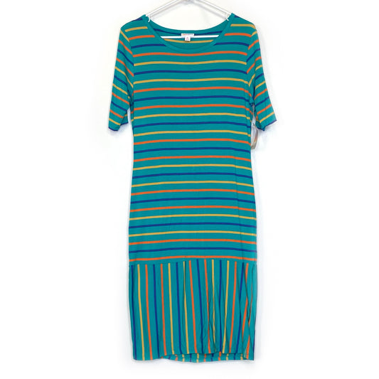 LuLaRoe Womens M Green/Orange/Blue Striped Julia Shift Dress Scoop Neck ½ Sleeves NWT