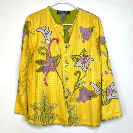 Bright Indigo Moon Womens Embroidered & Embellished Button-Up Jacket Size Small Floral Yellow