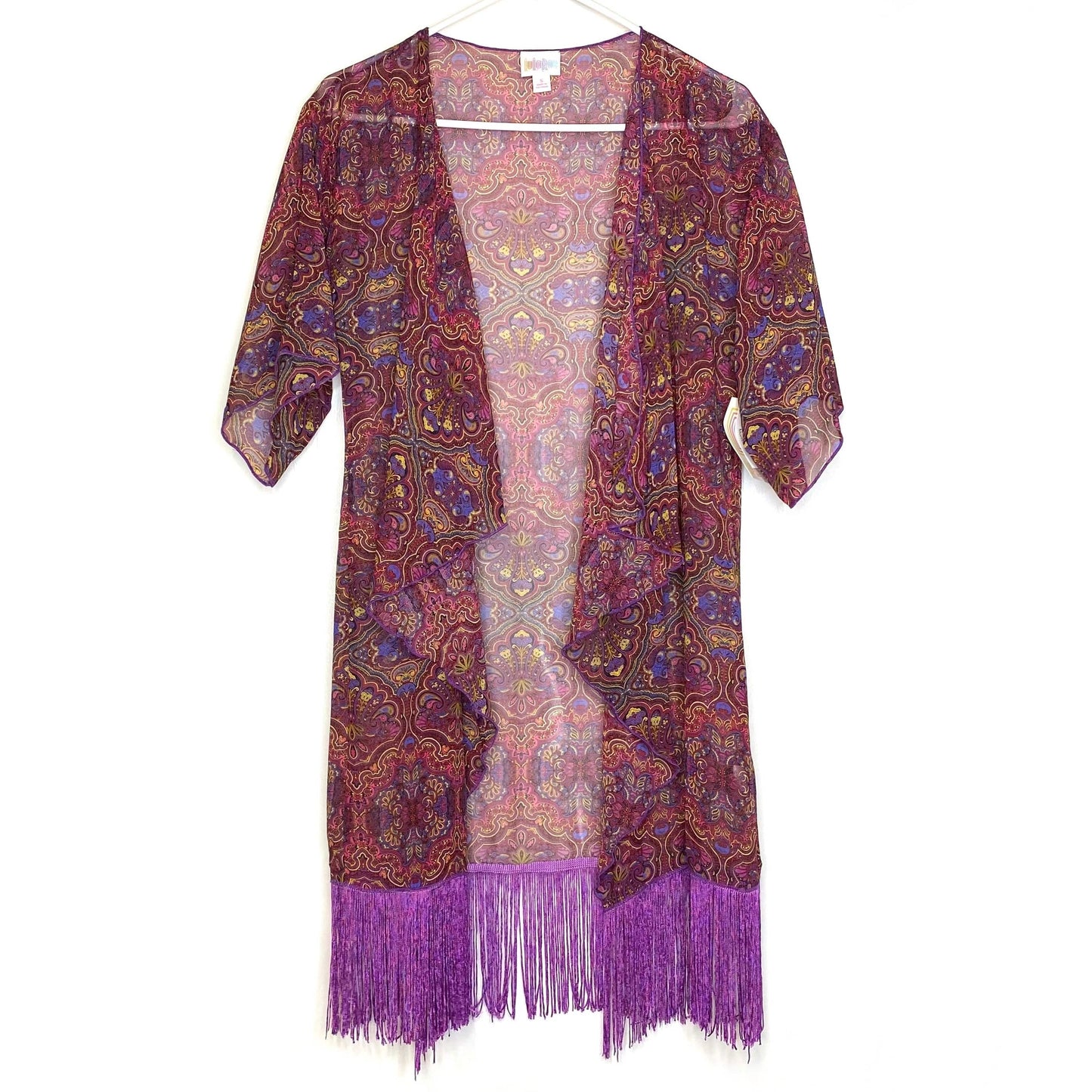 LuLaRoe Womens Size S (0-12) Red/Blue/Purple Damask ‘Monroe’ Kimono Fringe Cover-Up NWT