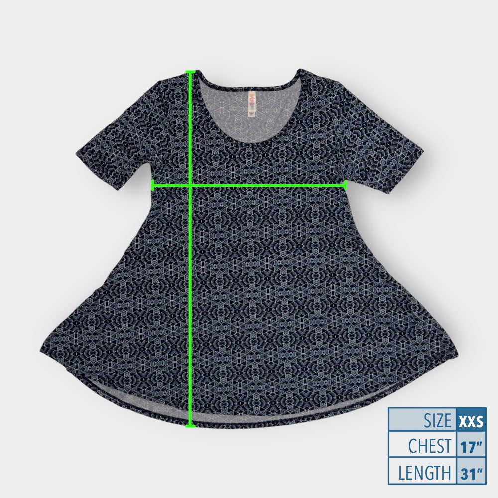 LuLaRoe Perfect T Swing Top | XXS (0-6) | Blue/White | Geometric | NW