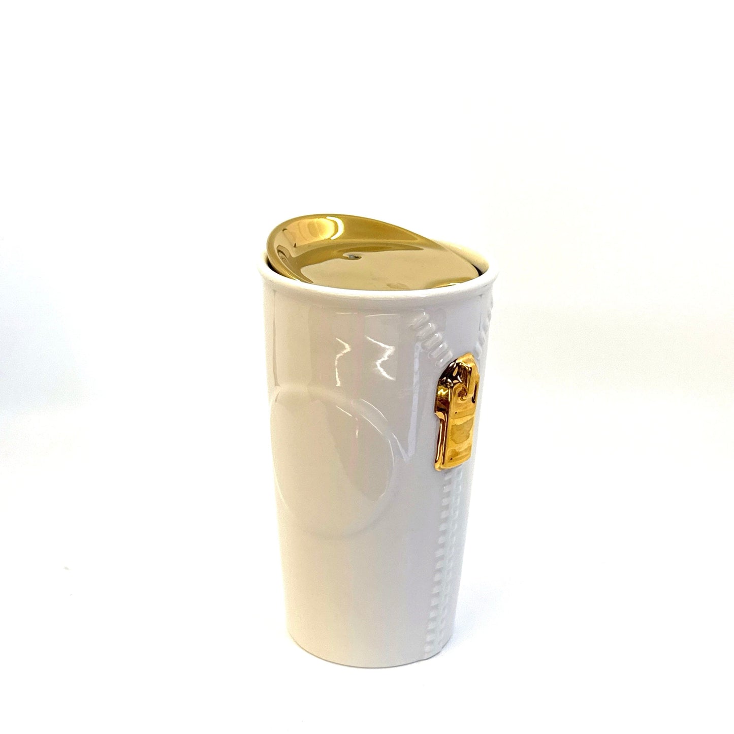 Starbucks | 2015 Ceramic Zipper Mug w/Lid | Color: White/Gold | Size: 12 fl oz | NWT