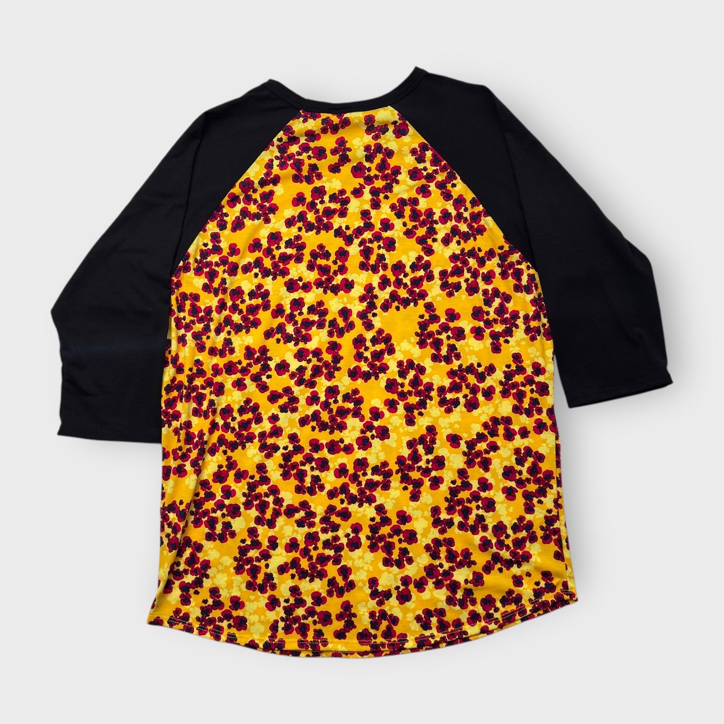 LuLaRoe Randy Baseball Tee 3XL (24-26) - Yellow/Red Floral Print with Black Sleeves - Soft Stretch Fabric