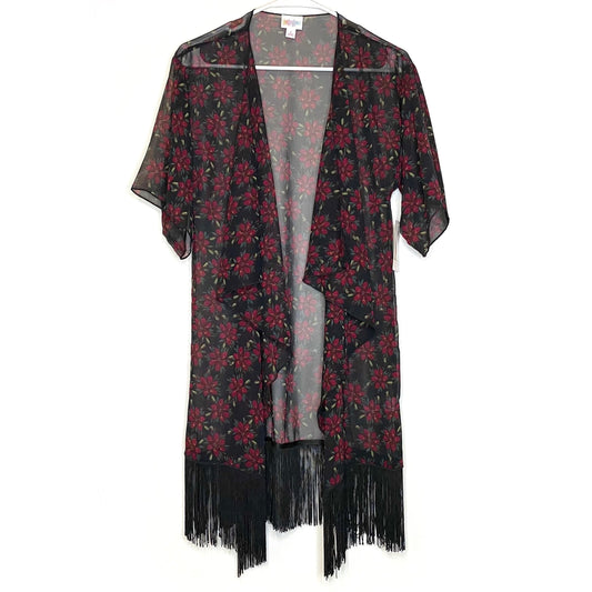 LuLaRoe Womens Size S (0-12) Red/Black Floral ‘Monroe’ Kimono Fringe Cover-Up NWT