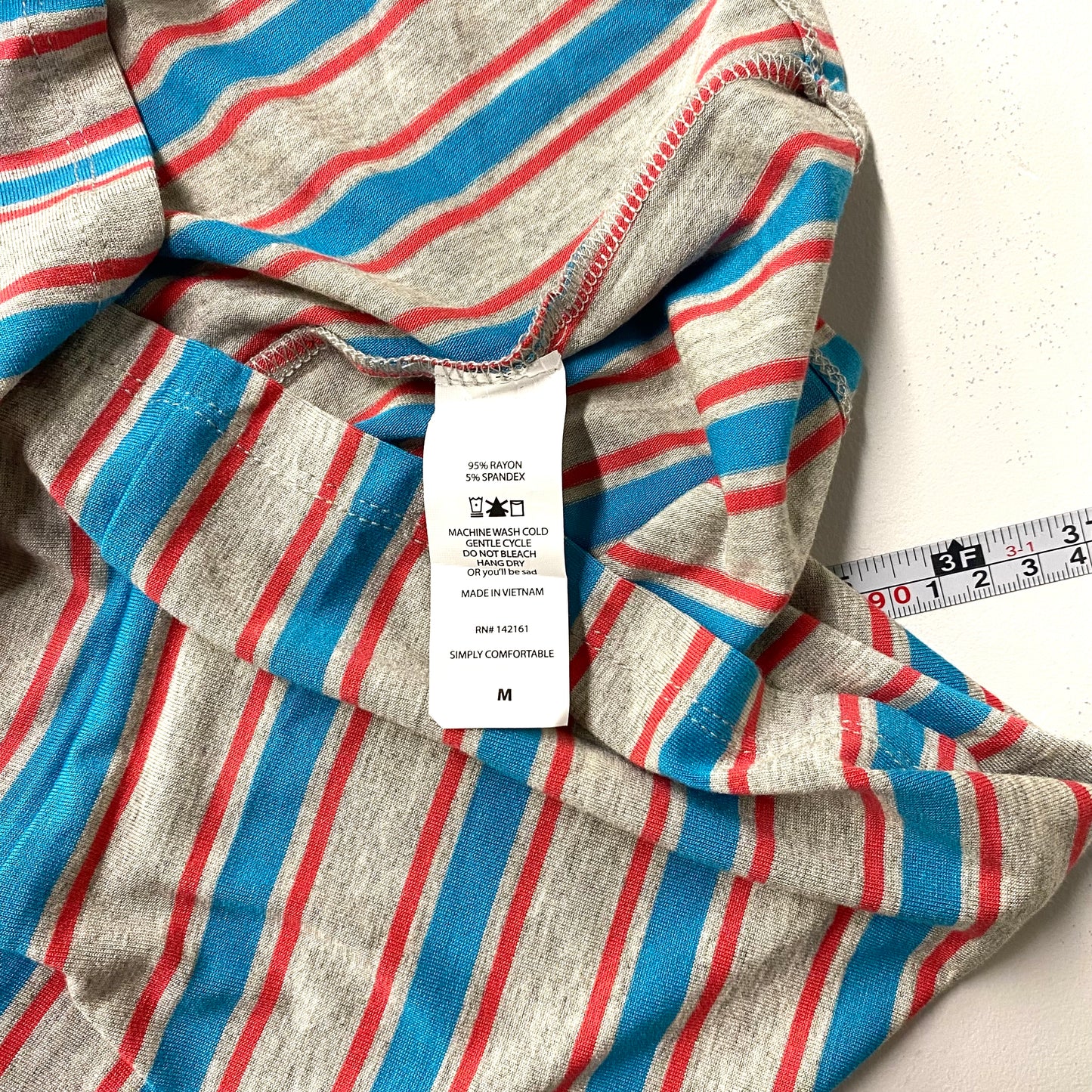 LuLaRoe Womens M Light Gray/Blue/Red Striped Julia Shift Dress Scoop Neck ½ Sleeves NWT