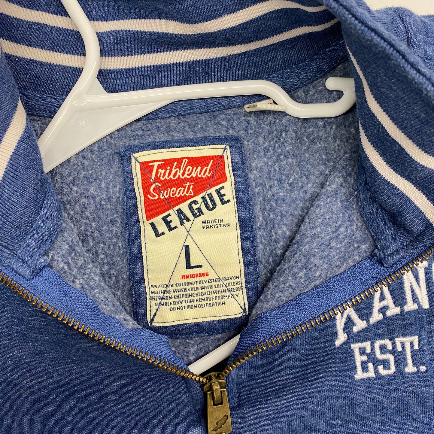 League Brand ‘KANSAS’ Pullover Sweatshirt Size L Blue 1/4 Zip L/s Tri-Blend EUC