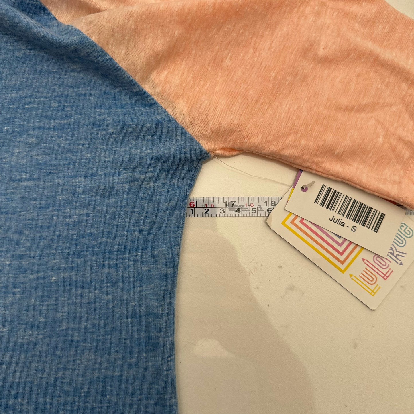 LuLaRoe Julia Bodycon Dress | S (4-6) | Blue/Peach | Colorblock/Raglan | NWT