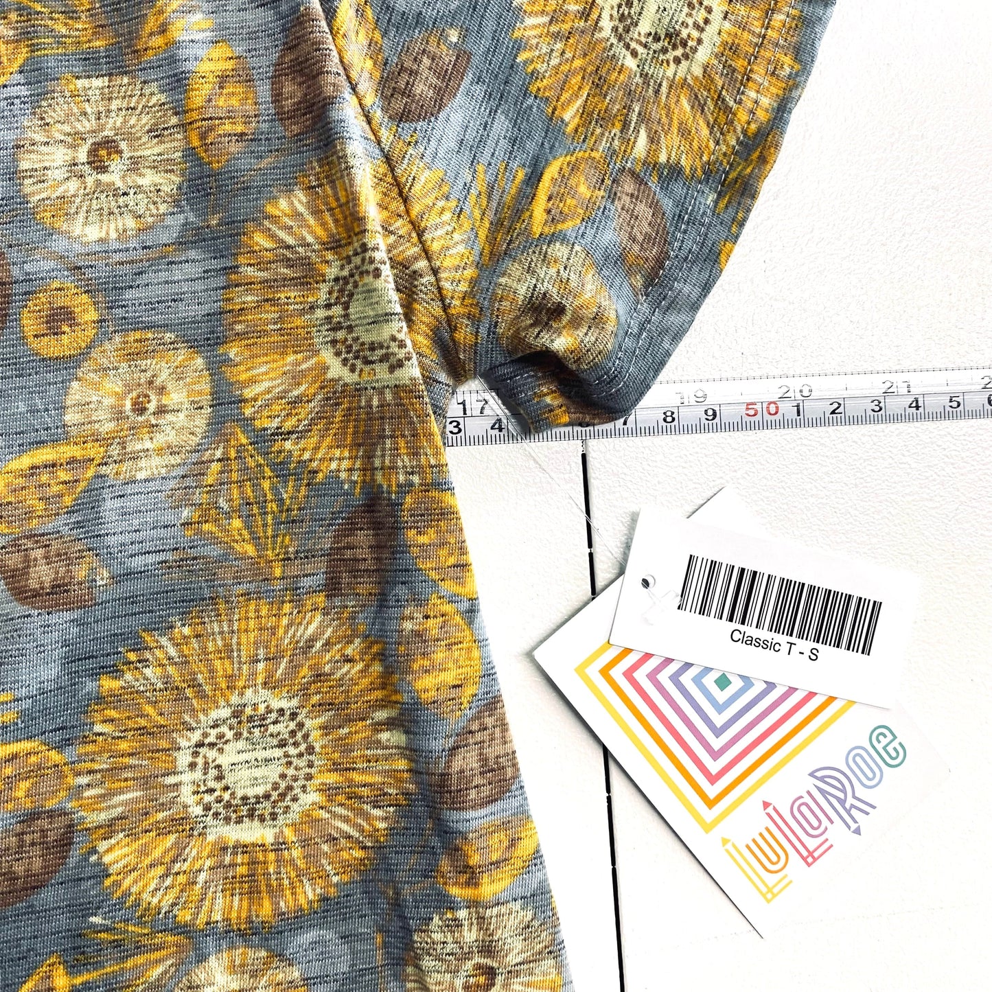 LuLaRoe Womens S Slate Blue/Yellow Botanical Classic T Activewear Top S/s NWT