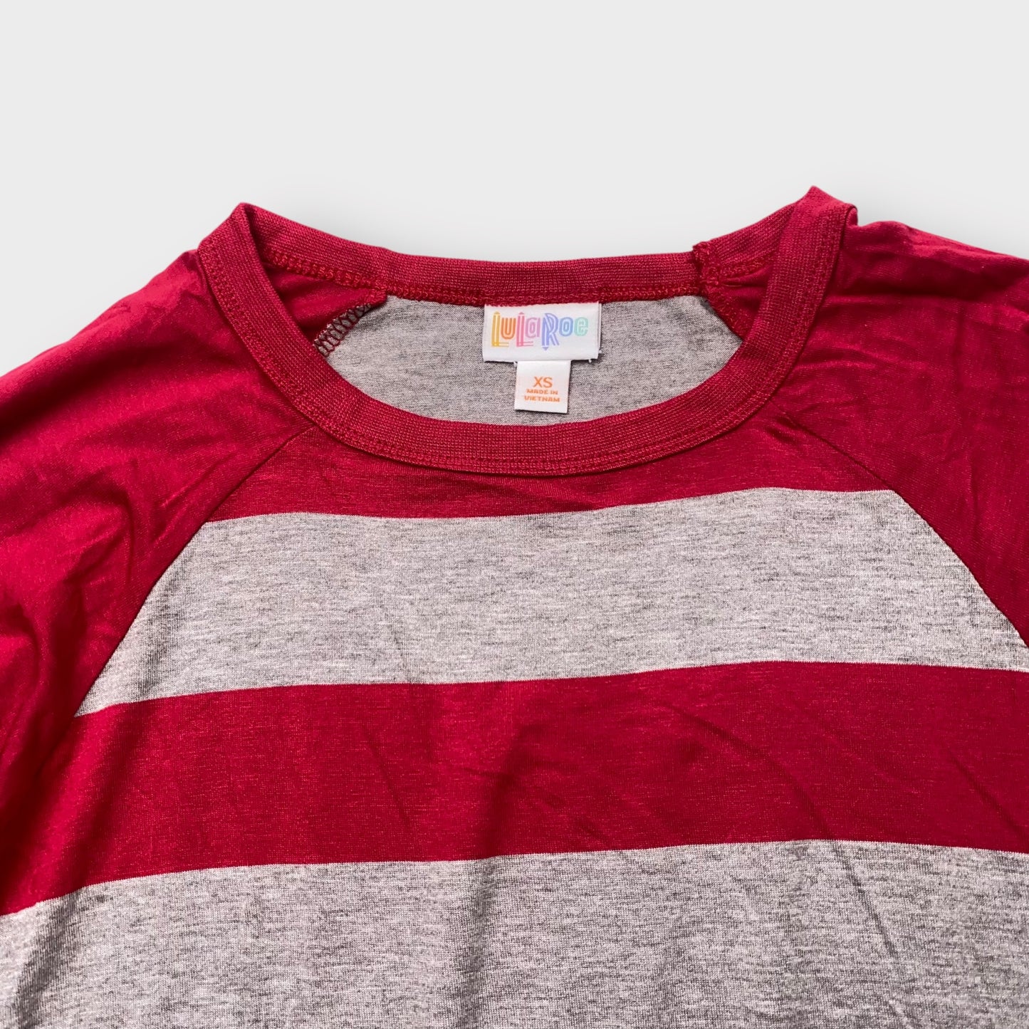 LuLaRoe Randy Tee XS (0-2) - Burgundy and Gray Striped Raglan - Soft Stretch Rayon Spandex Blend