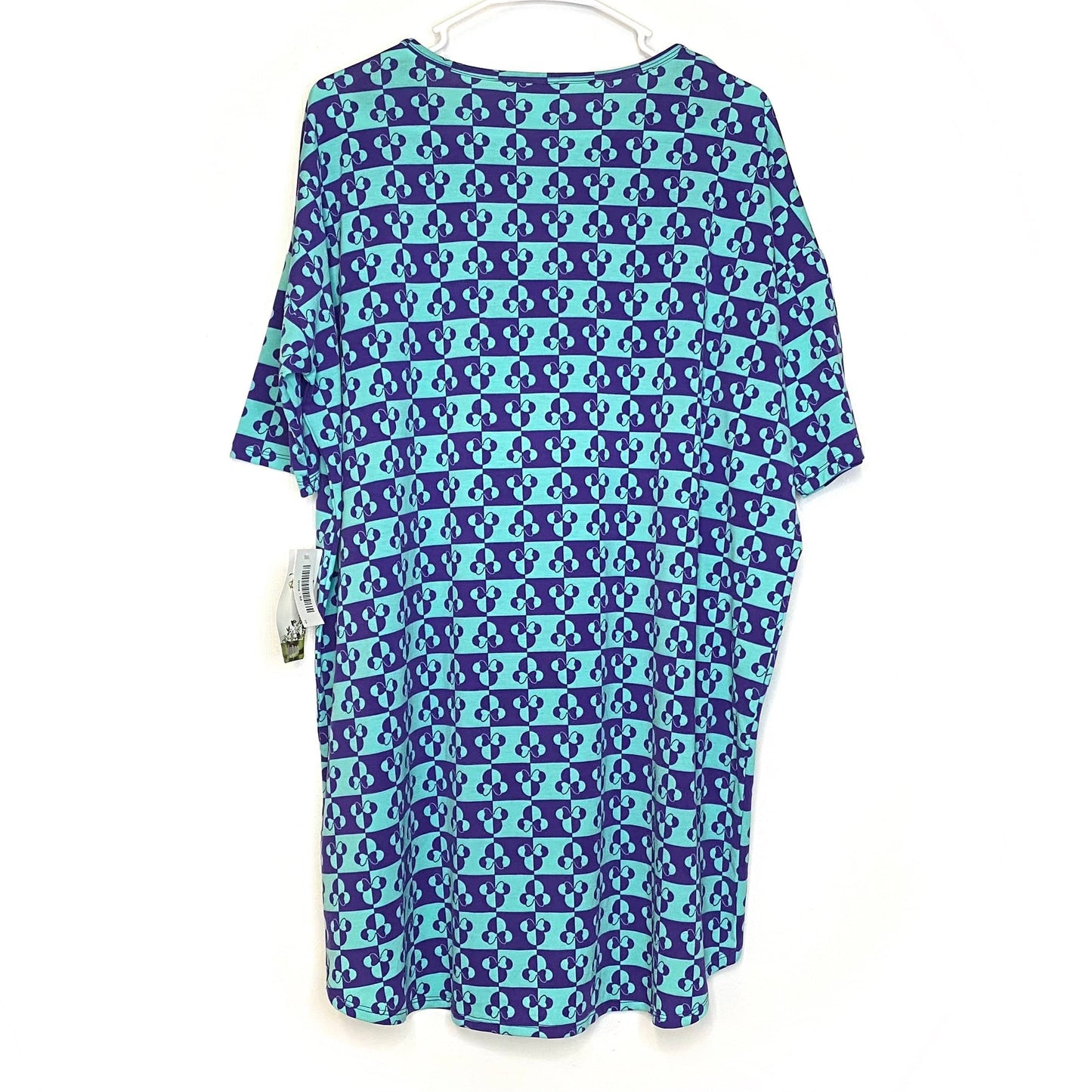 LuLaRoe Womens M Irma Light Blue/Green ‘Minnie Mouse’ Counterchange Pattern S/s Tunic Top NWT