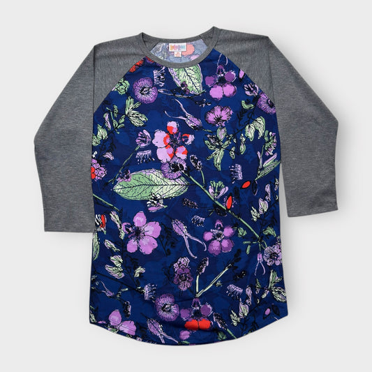 LuLaRoe Randy Raglan Baseball Tee XS (0-2) - Navy Blue/Purple Floral Print with Gray Sleeves - Soft Stretch Fabric